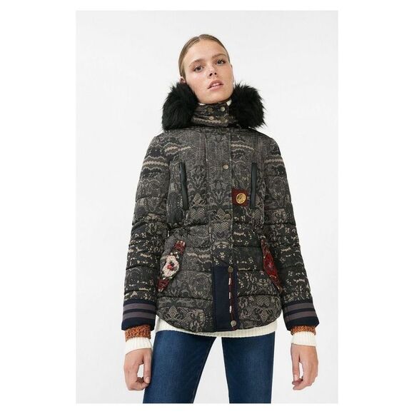 Desigual Badajoz lace print beaded embroidered puffer coat size 38 or US small - Picture 1 of 15